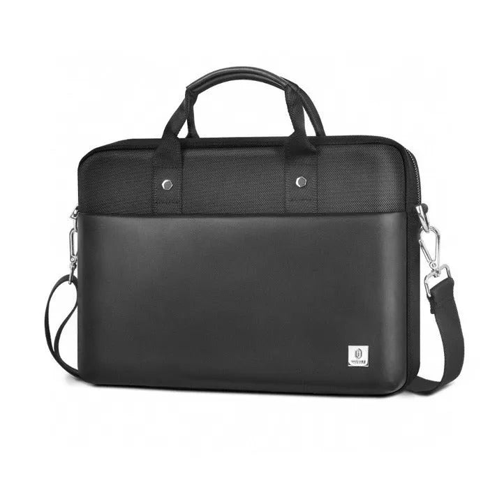 Black Oxford cloth laptop rucksack with multiple pockets and a lock, shown fitting a 15.6-inch laptop.