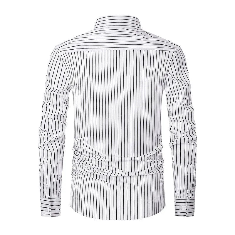 Men's slim fit striped long sleeve business shirt in polyester blend fabric on a hanger