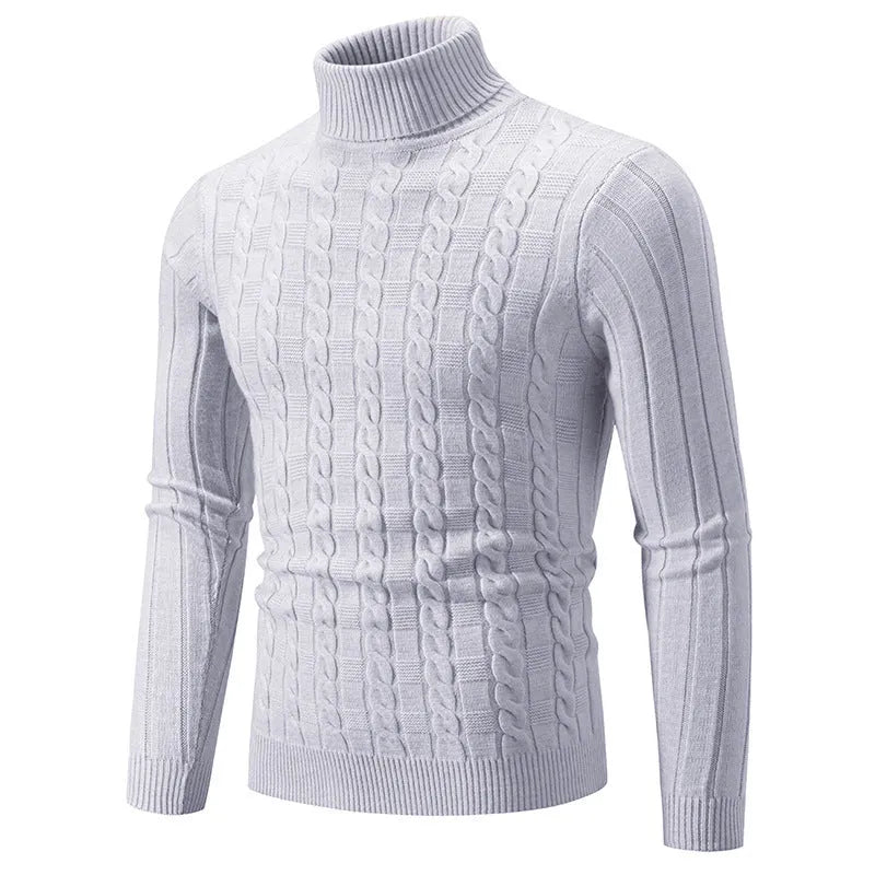Men's slim fit chenille turtleneck pullover sweater showing twist texture design in beige colour