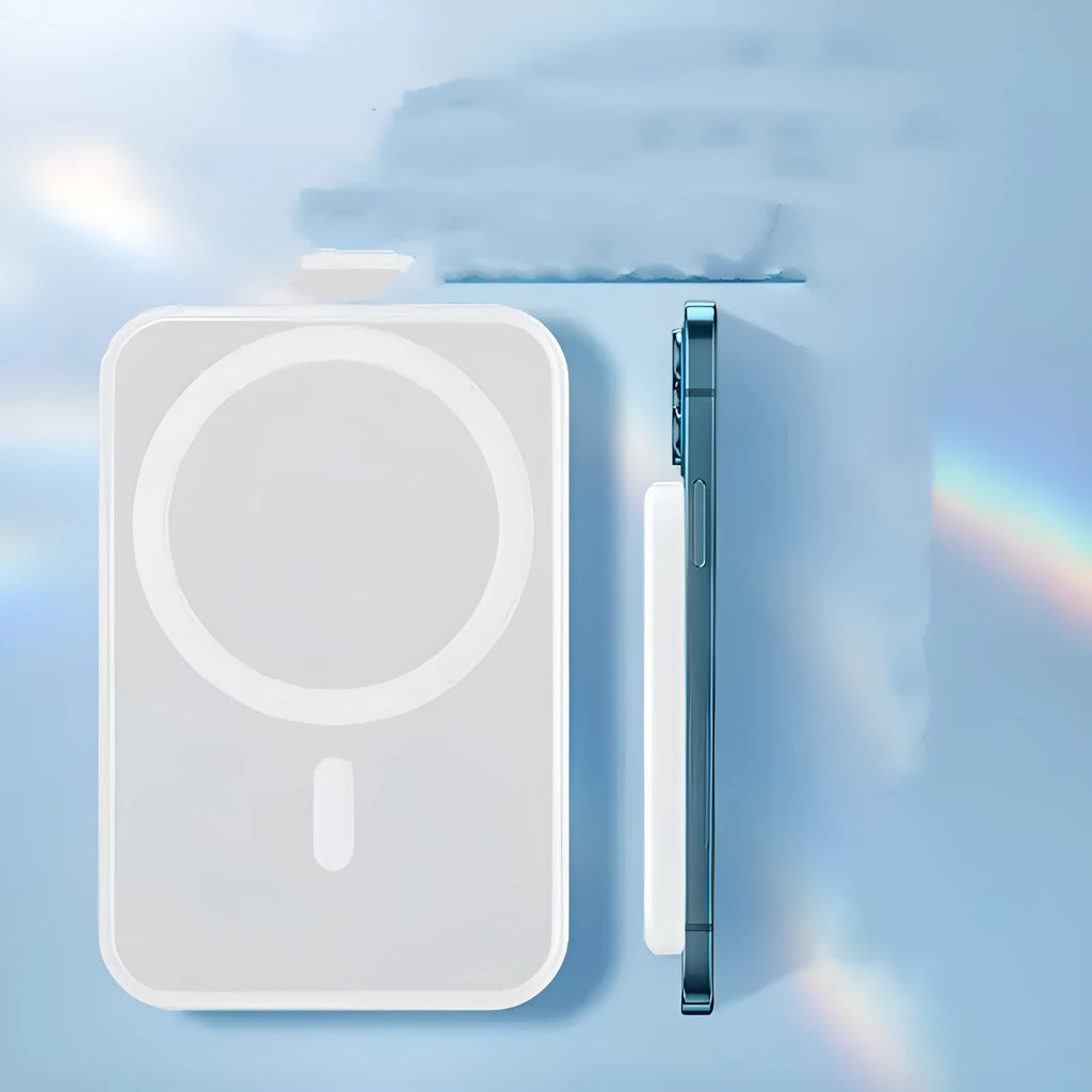 Magnetic wireless charging power bank in white PVC shell with 5000mAh capacity