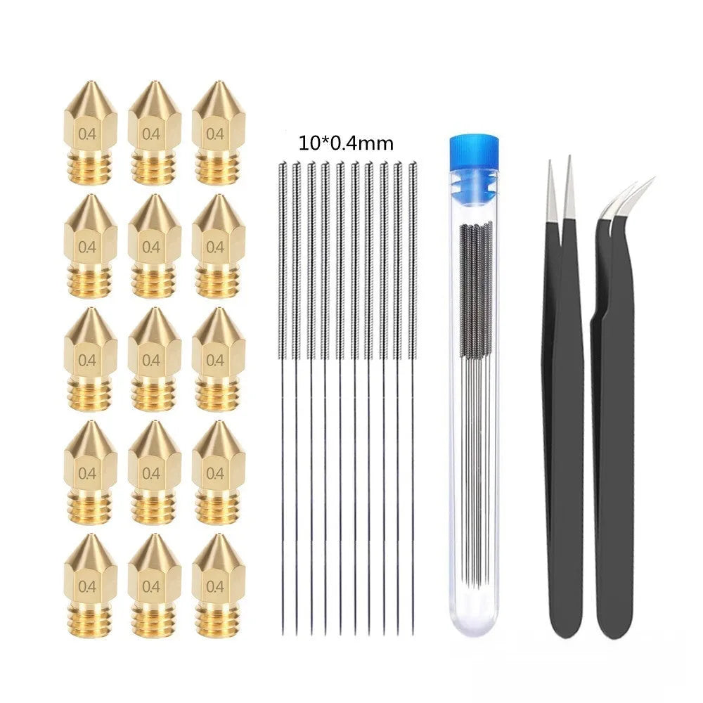 Brass MK8 3D printer nozzle and stainless steel cleaning pin kit on a white background.