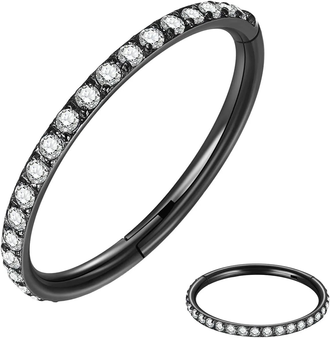 A round stainless steel seamless nose ring shown in gold, rose gold, black, and steel colour finishes.