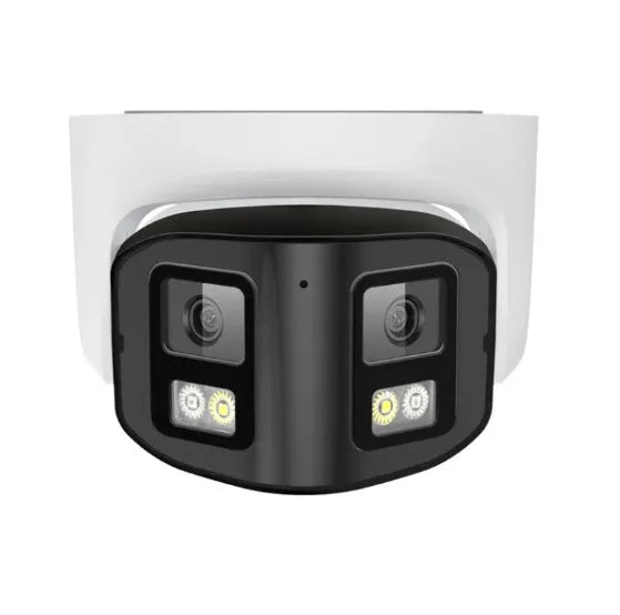 4MP dual-lens panoramic CCTV security camera with IP66 rating for outdoor use.