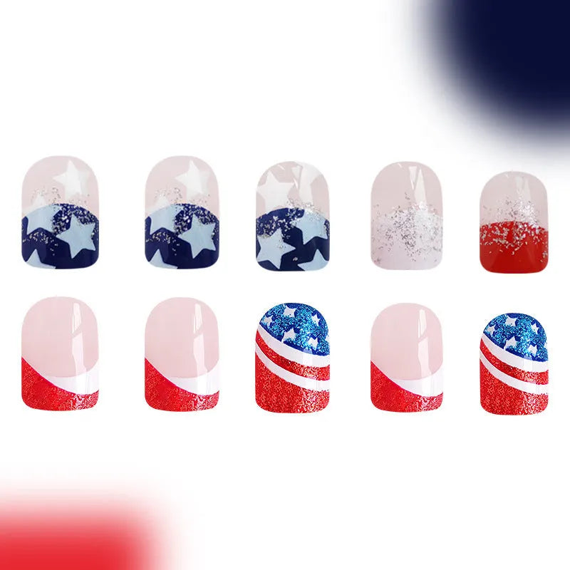 Independence Day nail art sticker set with US flag, stars, and stripes on a European square nail shape.