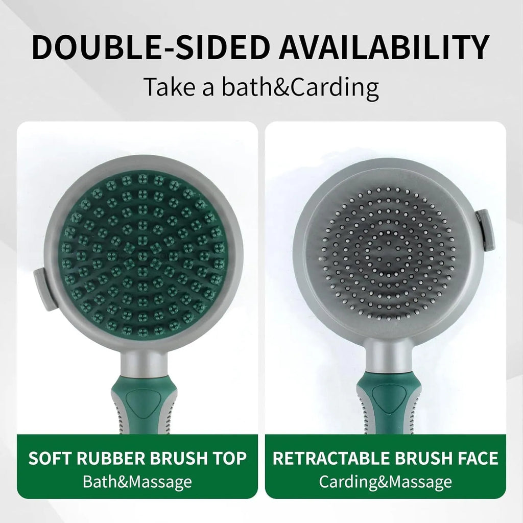 Green and pink 2-in-1 silicone pet grooming brush showing slicker brush side and massage side
