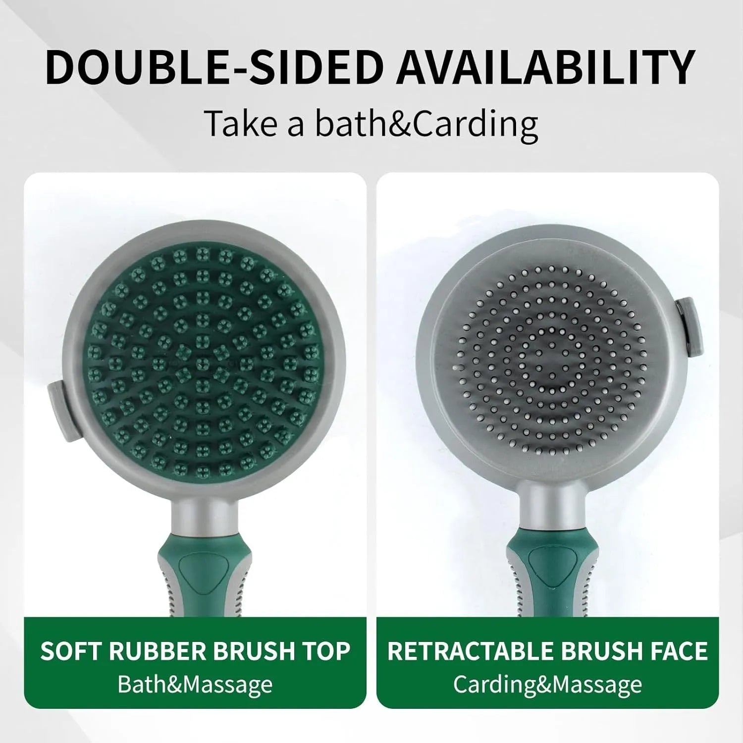 Green and pink 2-in-1 silicone pet grooming brush showing slicker brush side and massage side