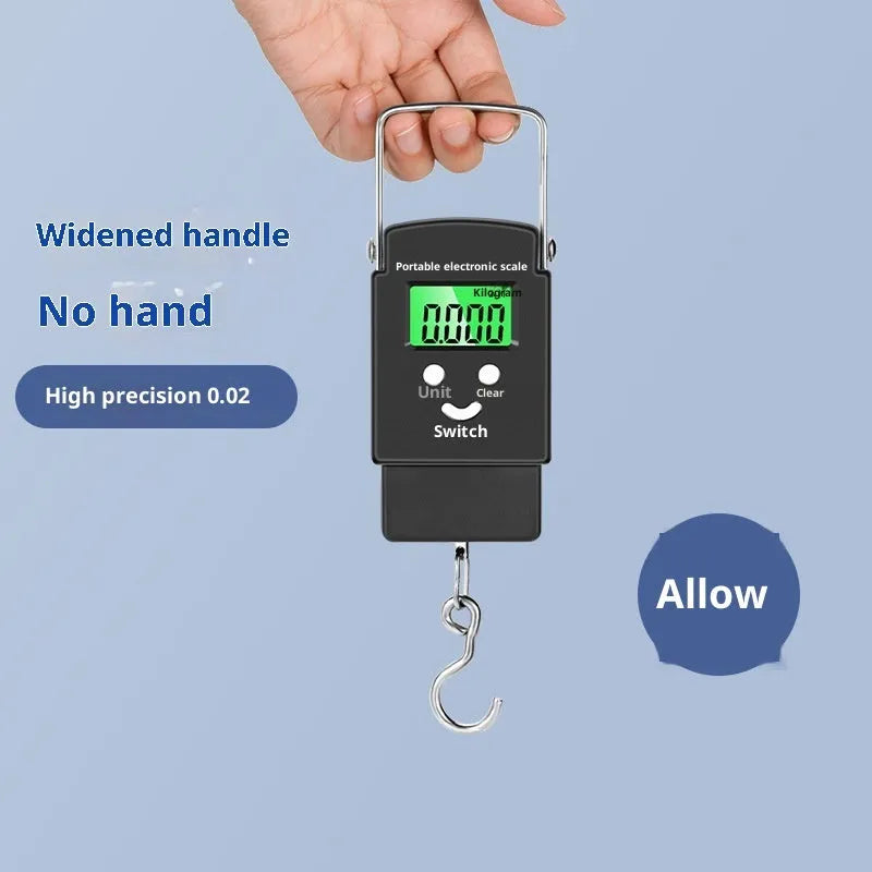 Mini handheld plastic electronic scale with blue backlight display, 50kg capacity