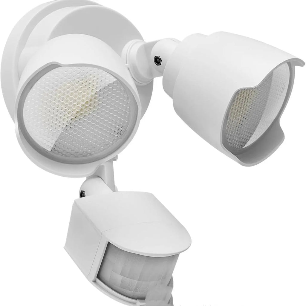 White 120V LED human body induction security flood light showing wall mount bracket and dimensions.