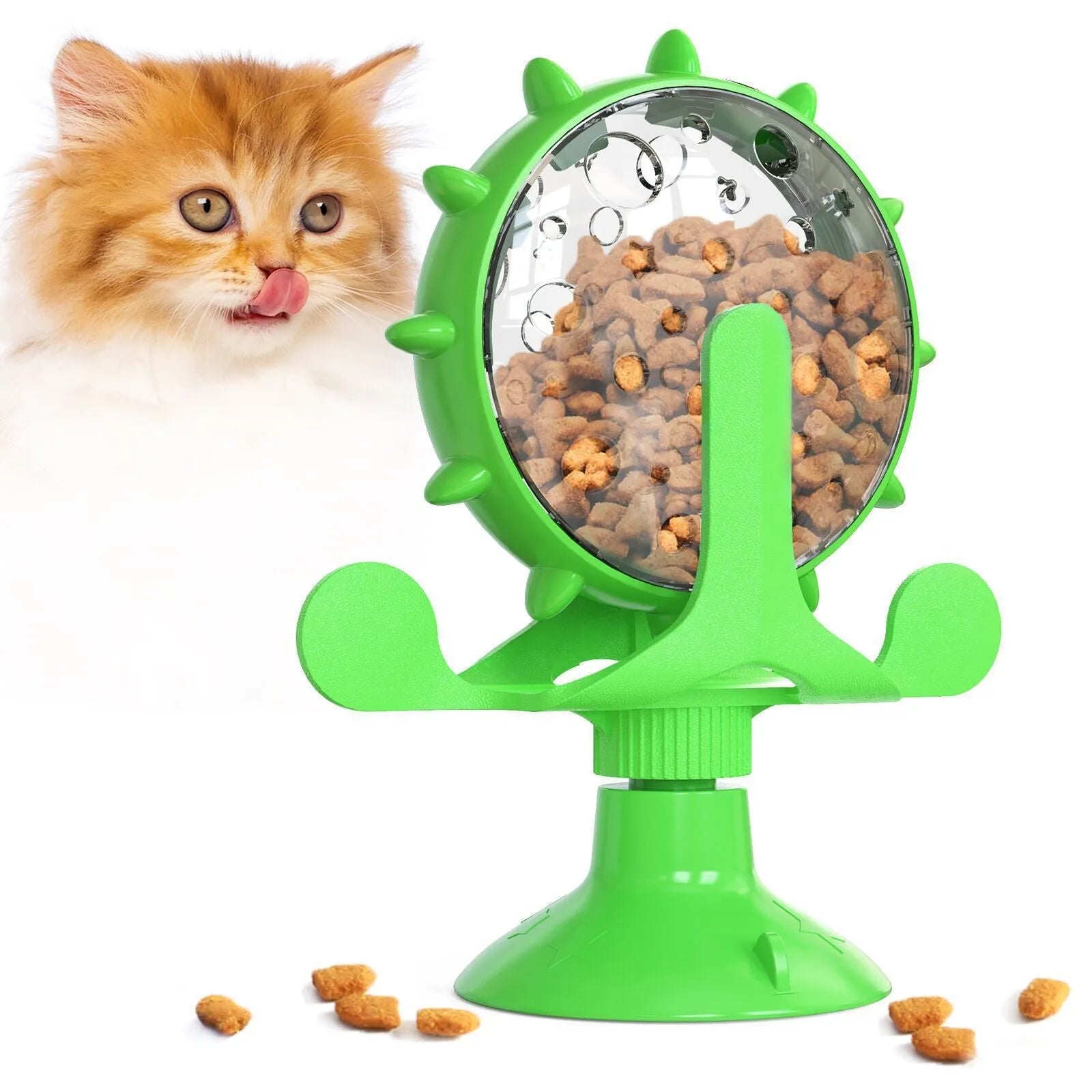 Interactive pet puzzle feeder toy with spinner and suction cup base in assorted colours