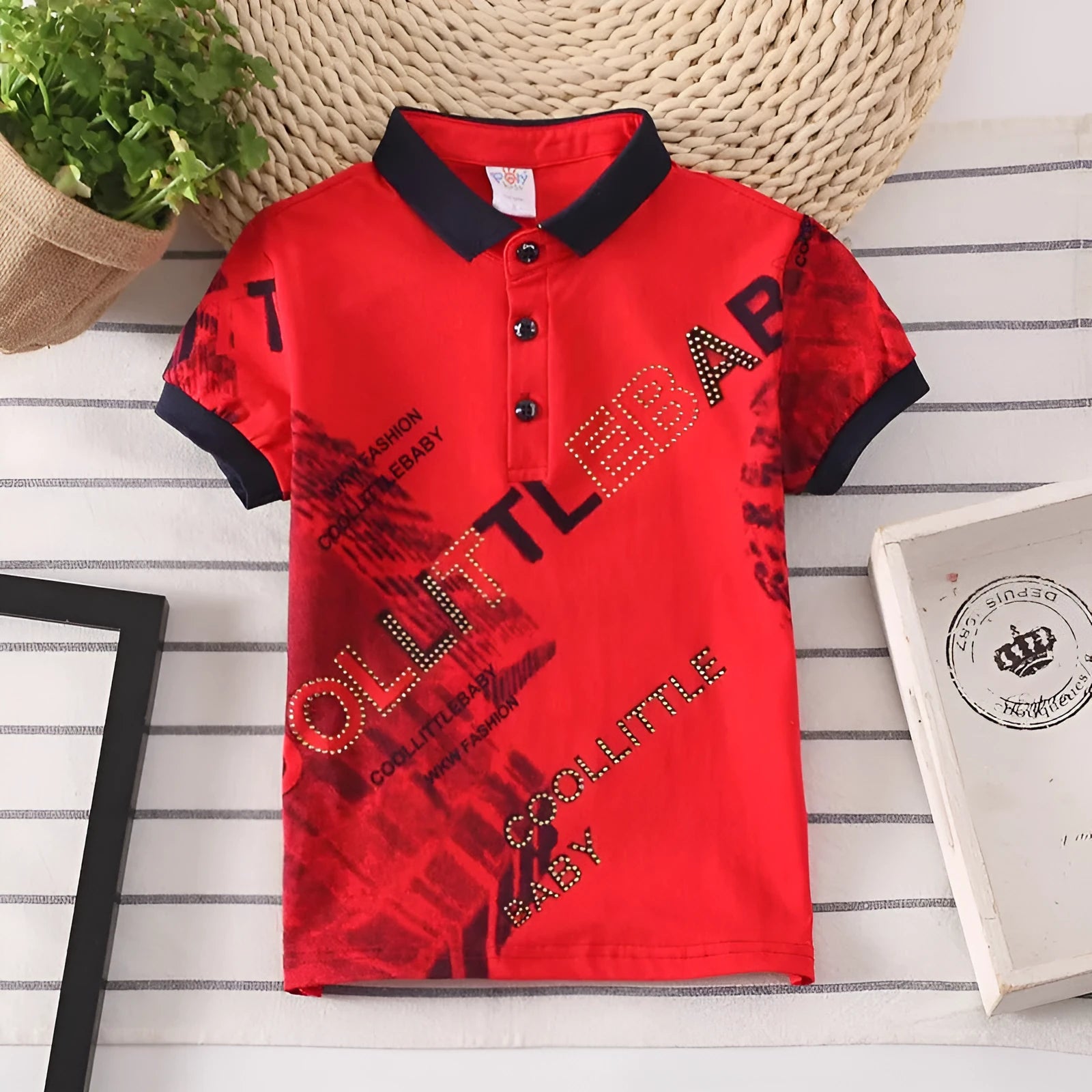 Boy in a solid colour short sleeve cotton shirt with a lapel collar.