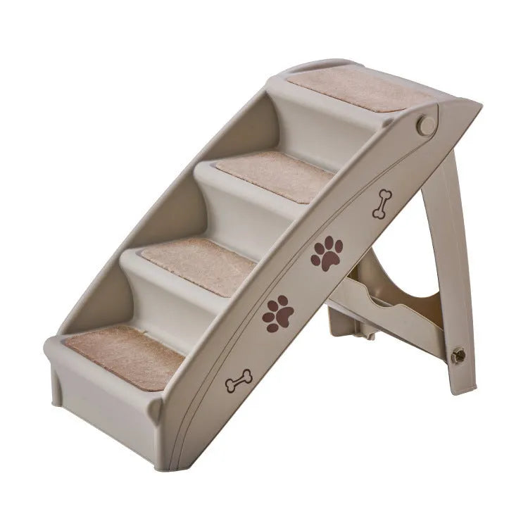Foldable grey plastic pet stairs with three steps and non-slip mats for small dogs and cats.