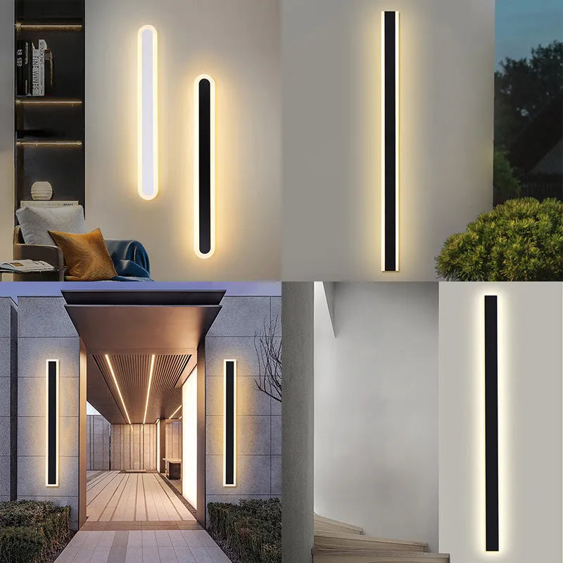 150cm long straight outdoor LED wall lamp with wrought iron housing, shown mounted on an exterior wall.