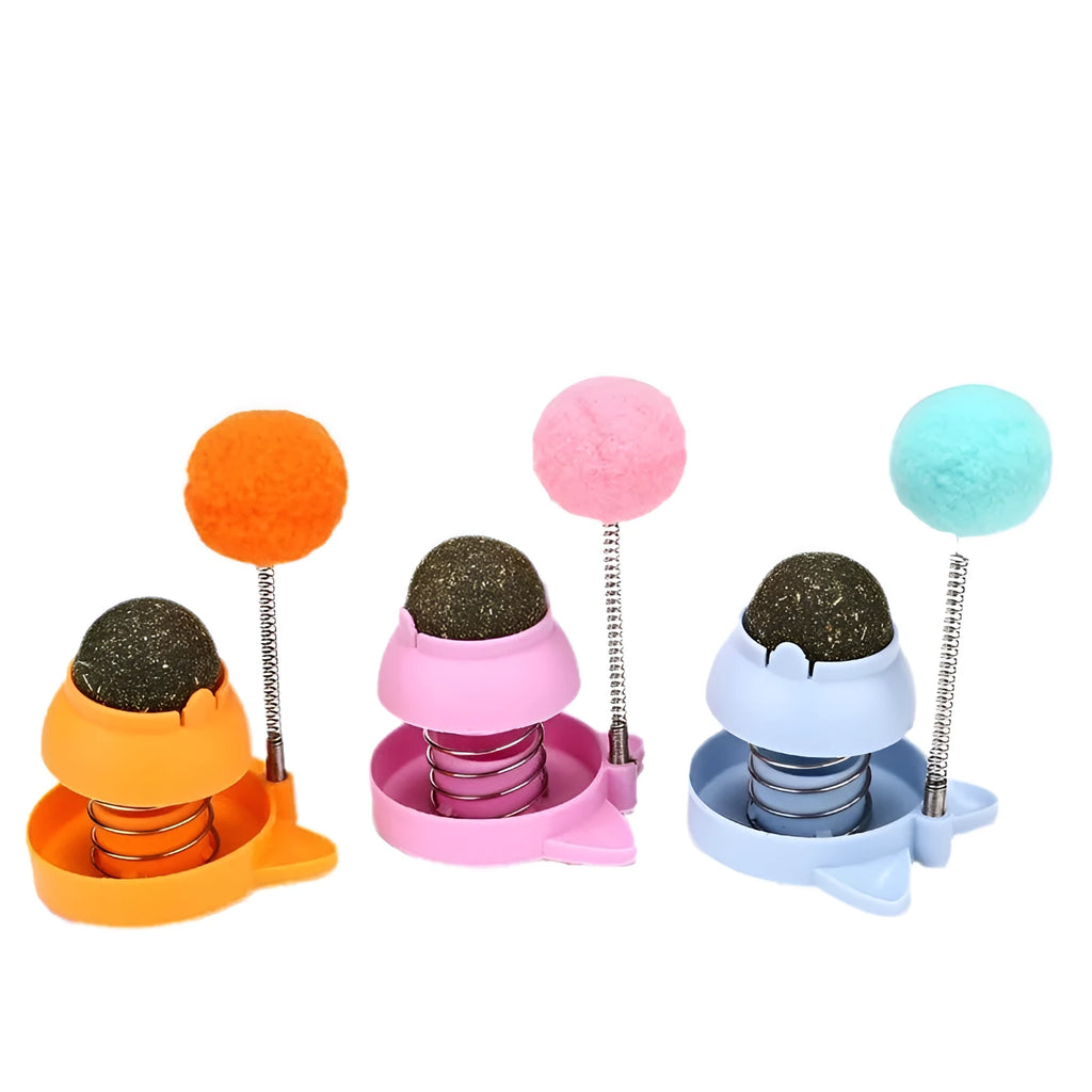 Rotating licking cat toy with mint ball in blue, orange or pink colours