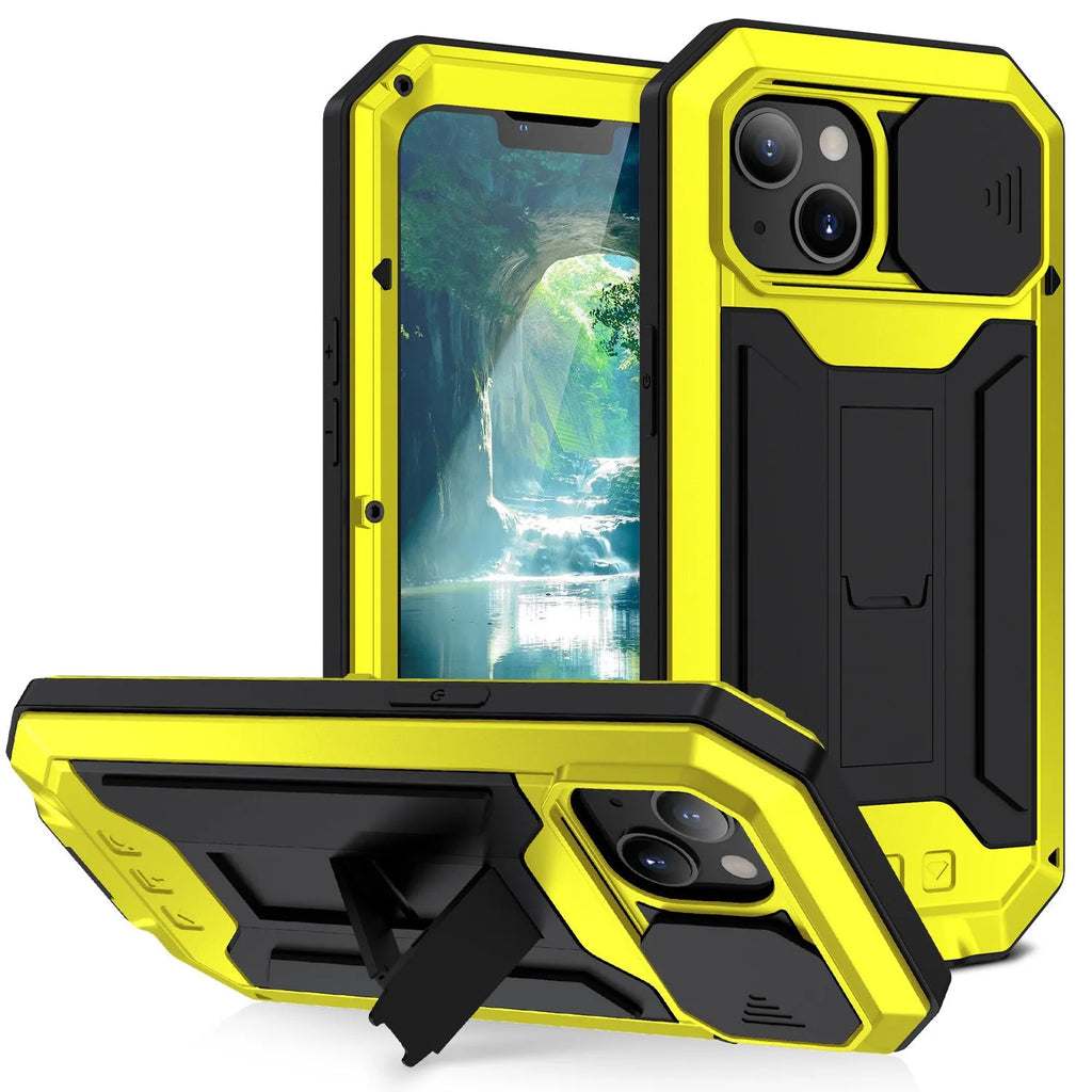 Shockproof metal bracket phone case in silver for iPhone 15 Pro Max with silicone frame and built-in kickstand