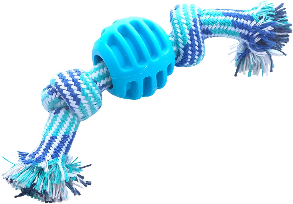 Blue dog chew toy with ropes for dental cleaning and interactive play