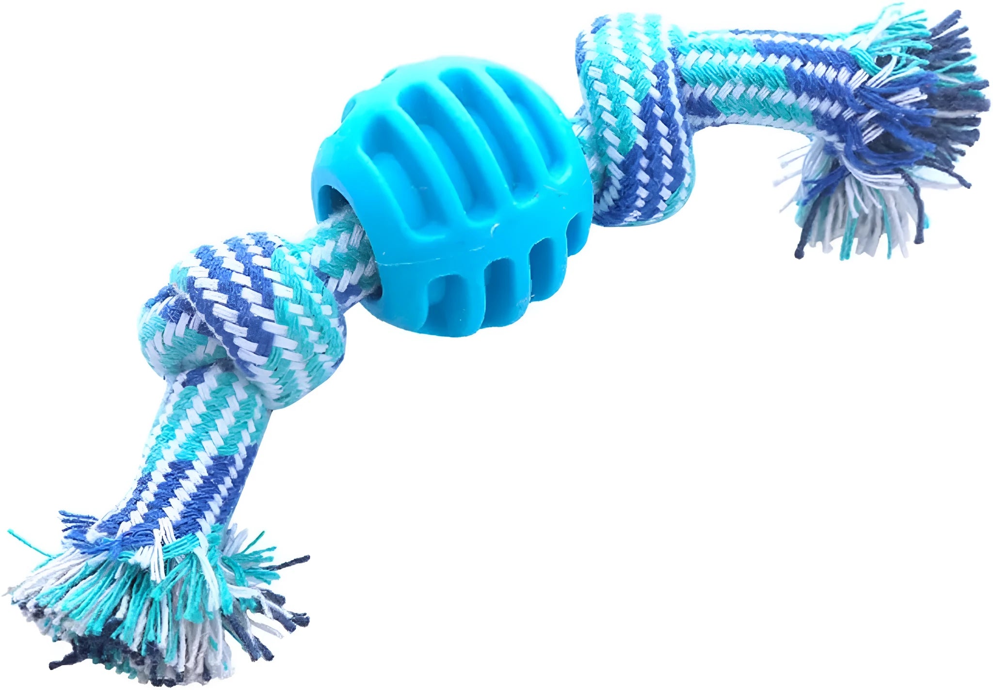 Blue dog chew toy with ropes for dental cleaning and interactive play
