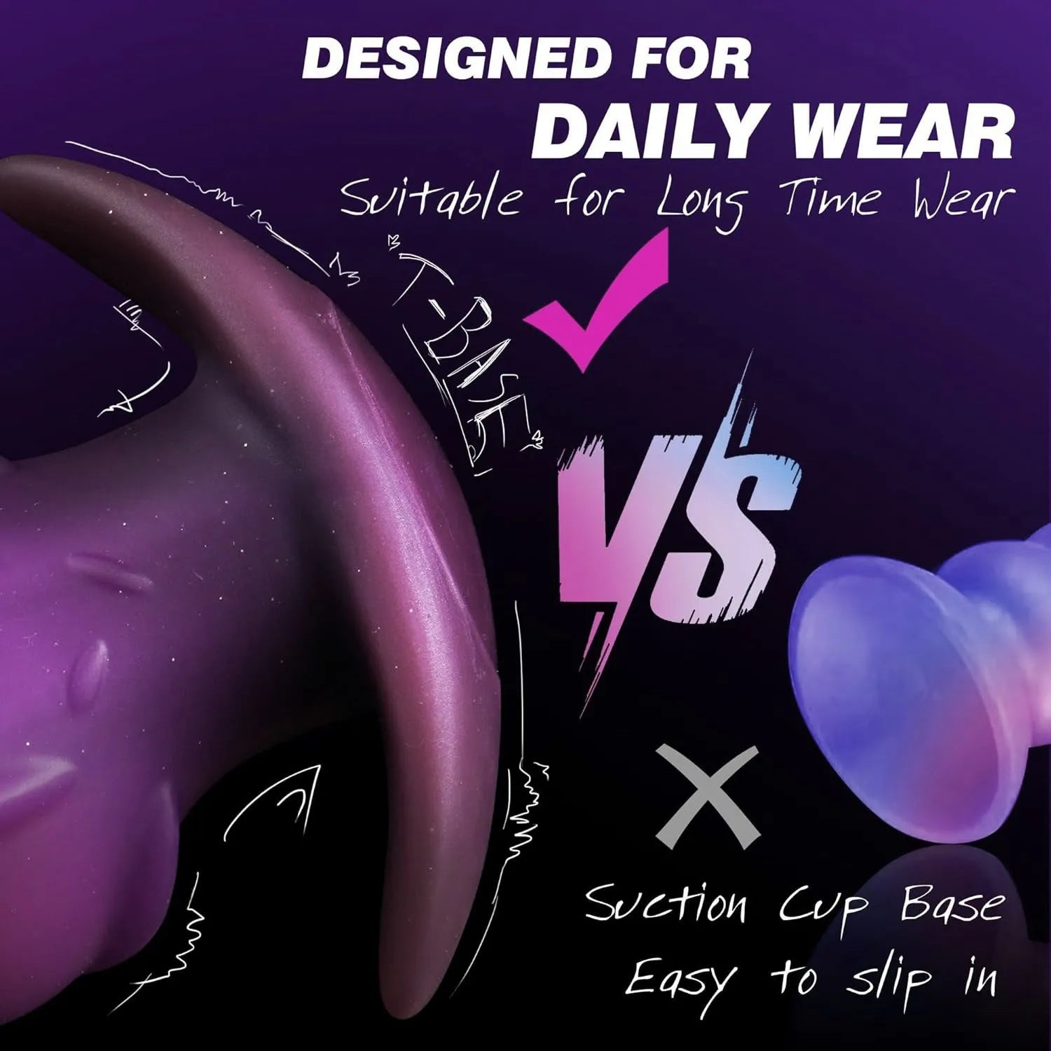 Adult liquid silicone masturbator in purple, gold, or black, shown in sizes S, M, L, XL.