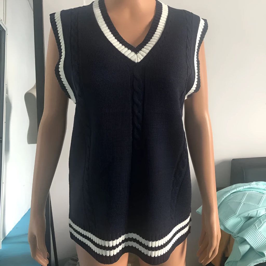 Women's V-neck acrylic knitted sweater waistcoat with striped stitching in slim fit