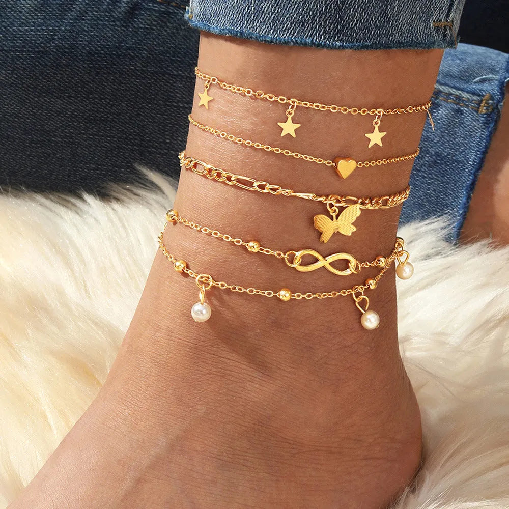 Women's butterfly pearl heart anklet 4-piece set layered alloy jewellery