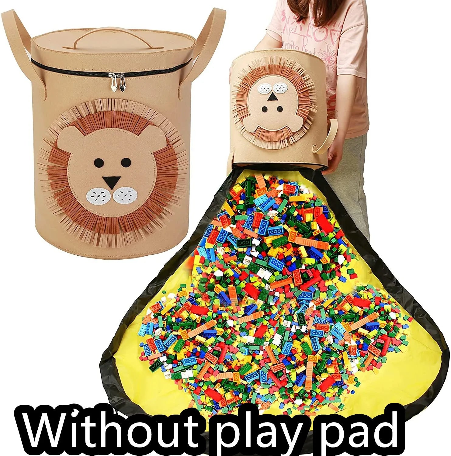 Green felt cube storage bag open as play mat with pull rope closure for toy organisation