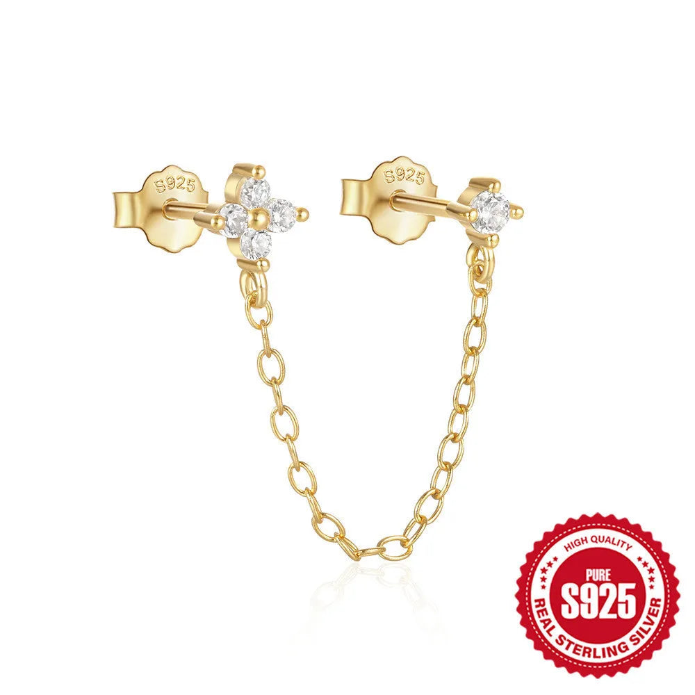 S925 sterling silver geometric earrings with flower and tassel chain decoration in golden finish