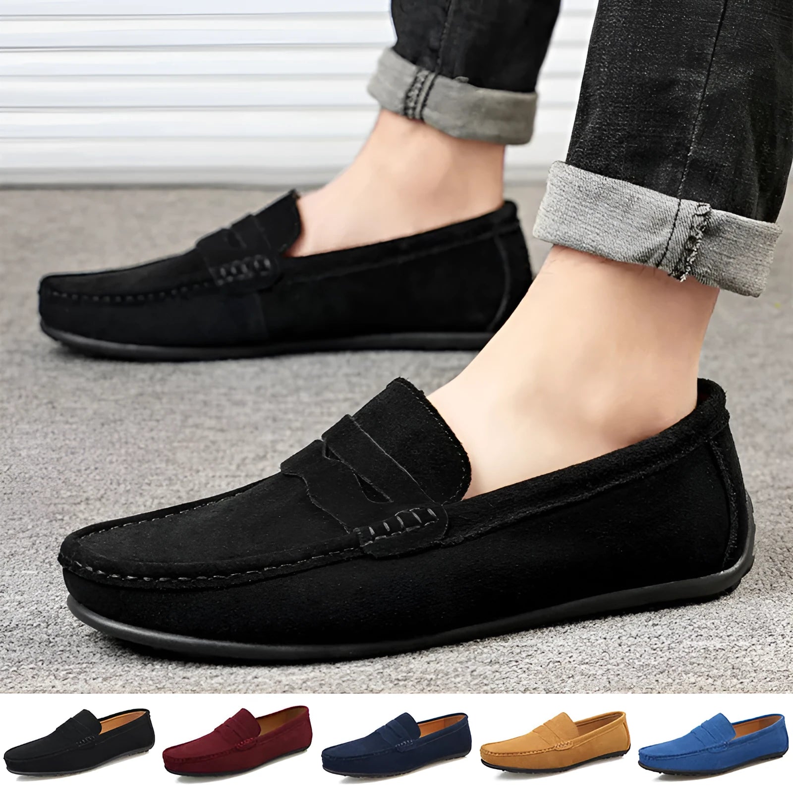 Men's suede slip-on loafers in a solid colour with a round toe and flat rubber sole.