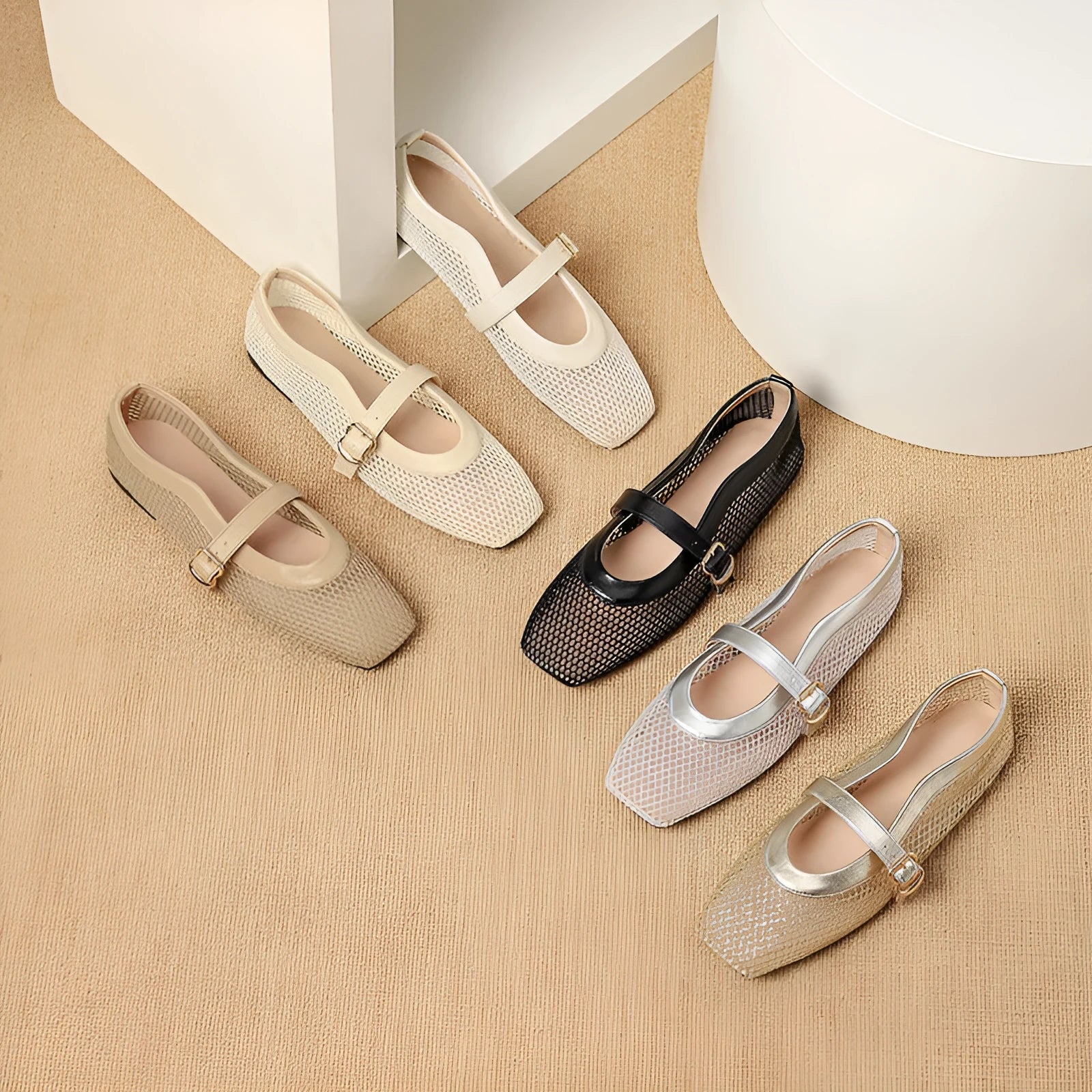 Women's beige mesh summer pump with square toe and buckle closure on a low flat heel.