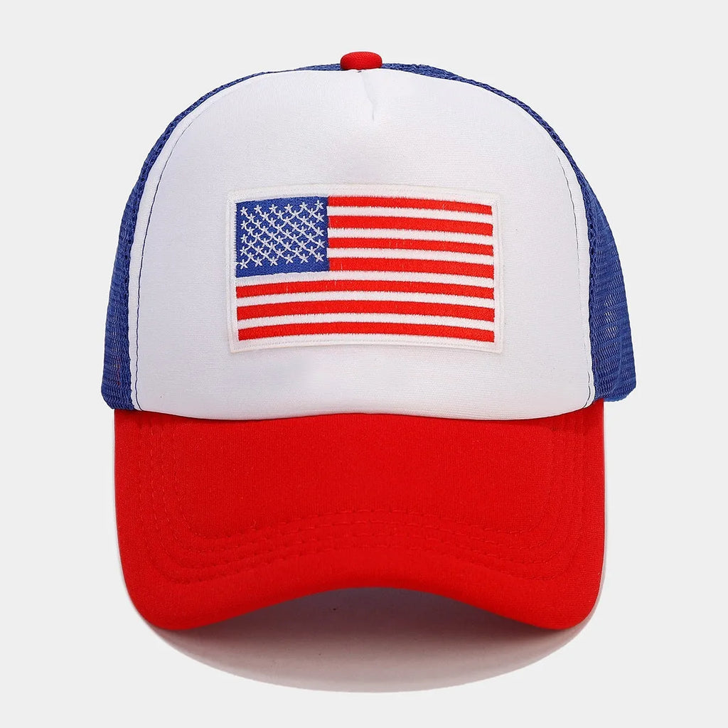 Red and blue contrast adjustable baseball cap with dome crown and mesh fabric