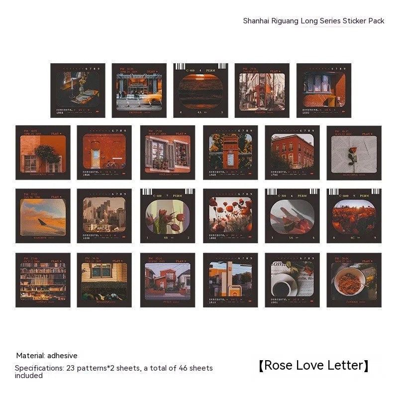 Box of square Nordic style decorative stickers showing six colour themes like Rose Love Letter and Grape Wine.