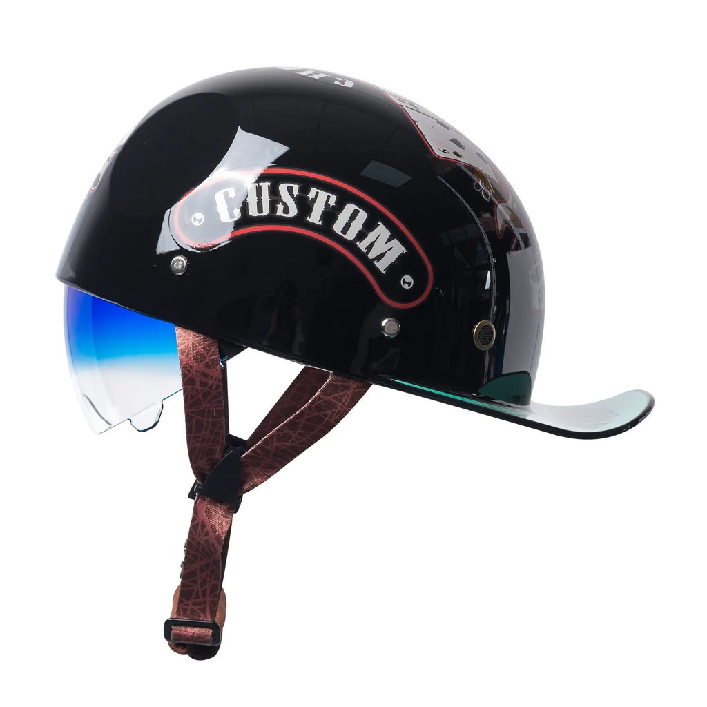 Men's retro half helmet for electric bicycles in bright black gradient blue lens colour