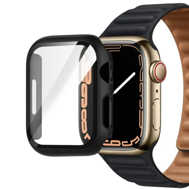 PC tempered film watch case in multiple colours including transparent, leopard print, and carbon fibre patterns for Apple Watch.