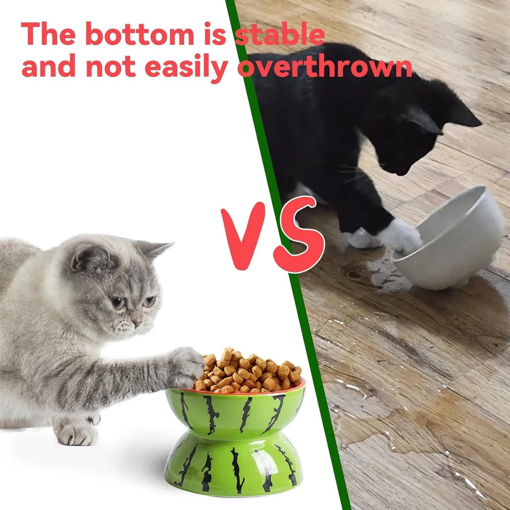 Orange ceramic raised cat bowl with tilted design and non-slip base.