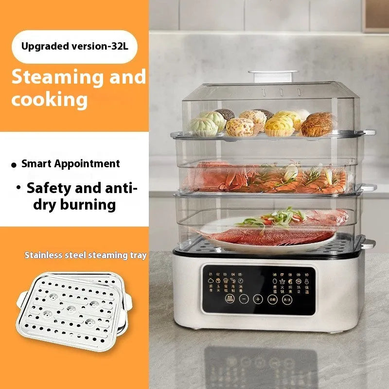 Electric kitchen steamer appliance with stainless steel steaming rack and digital display