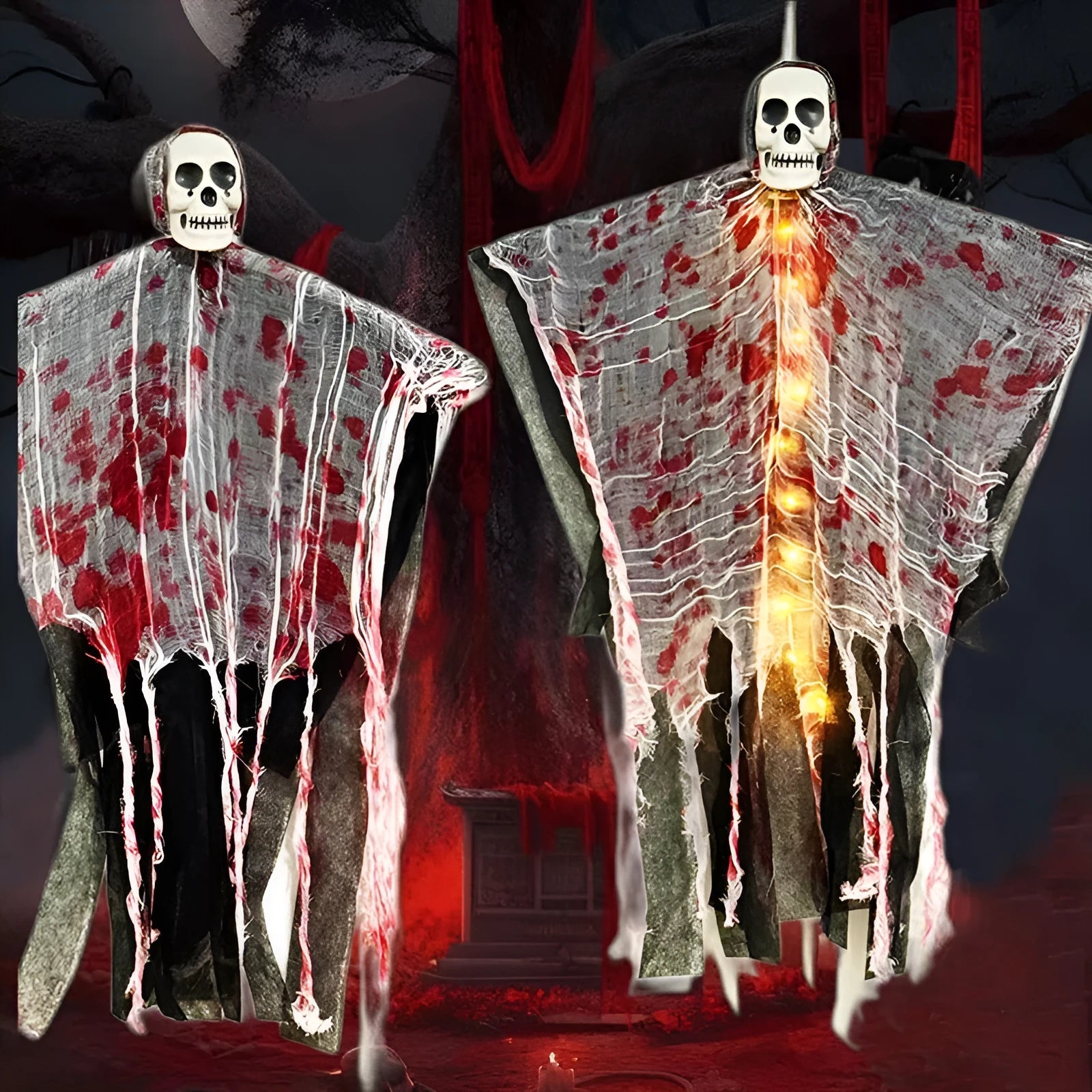 Plastic Halloween decoration featuring a blood-dyed luminous skull on a hanging ghost figure for outdoor displays.