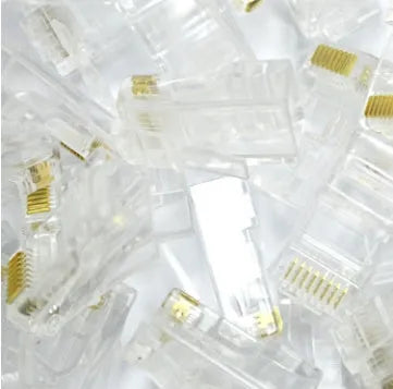 White RJ45 network modular plug with gold-plated three-fork contacts in bulk packaging