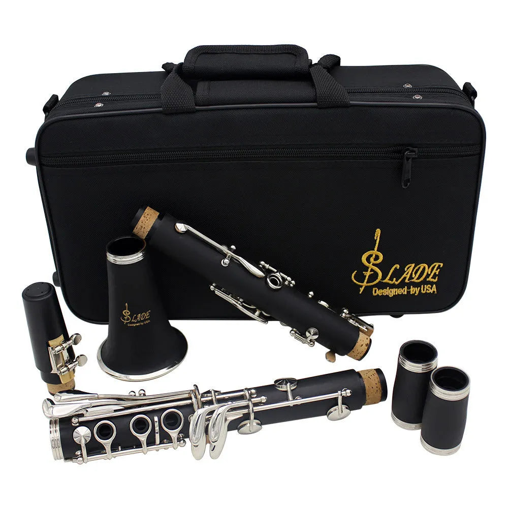 Black Bakelite clarinet with nickel-plated keys and hard protective case for beginner students