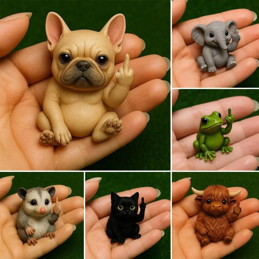 Mini resin animal doll making a middle finger gesture, available in cat, dog, elephant, frog, Highland cattle, mouse, and turtle styles.