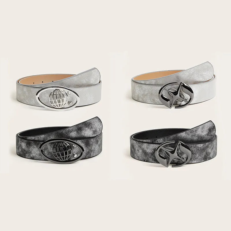 Women's retro thick belt with oval alloy buckle on antique finish PU leather in multiple colour options