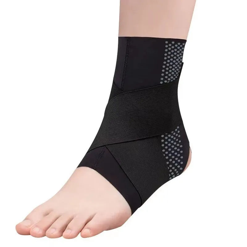 Fixed rehabilitation ankle support made of black Lycra cloth, shown on an adult ankle.