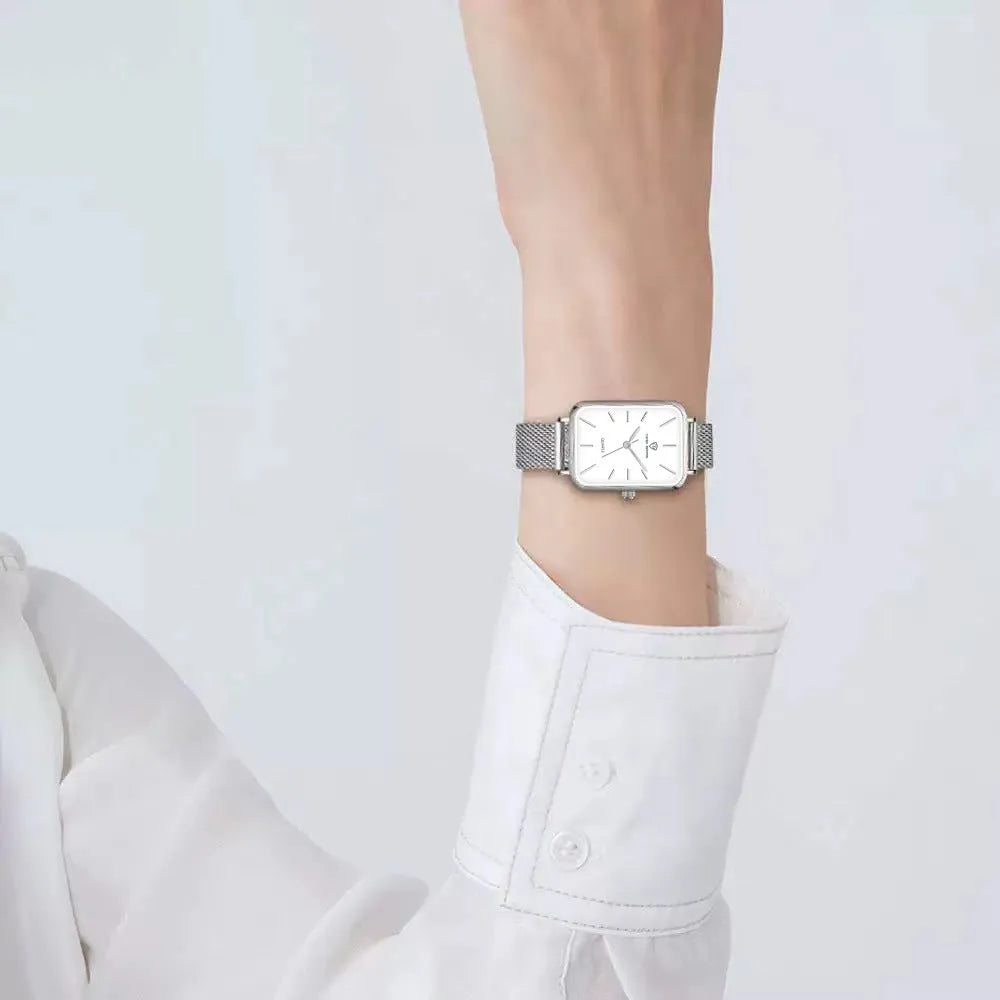 Women's rose gold waterproof quartz watch with woven steel strap and alloy case