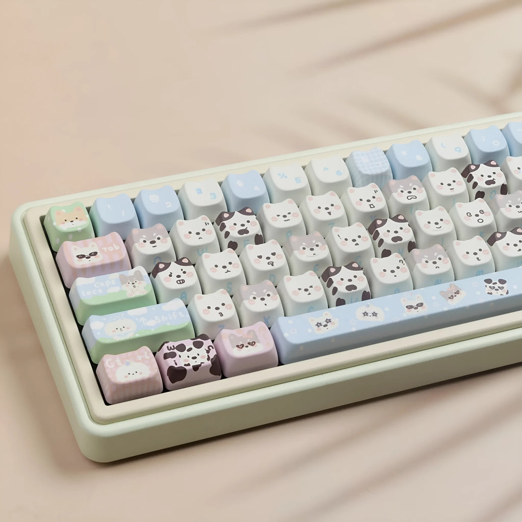 Full set of PBT key caps for mechanical keyboards with colourful cat and puppy sublimation designs.