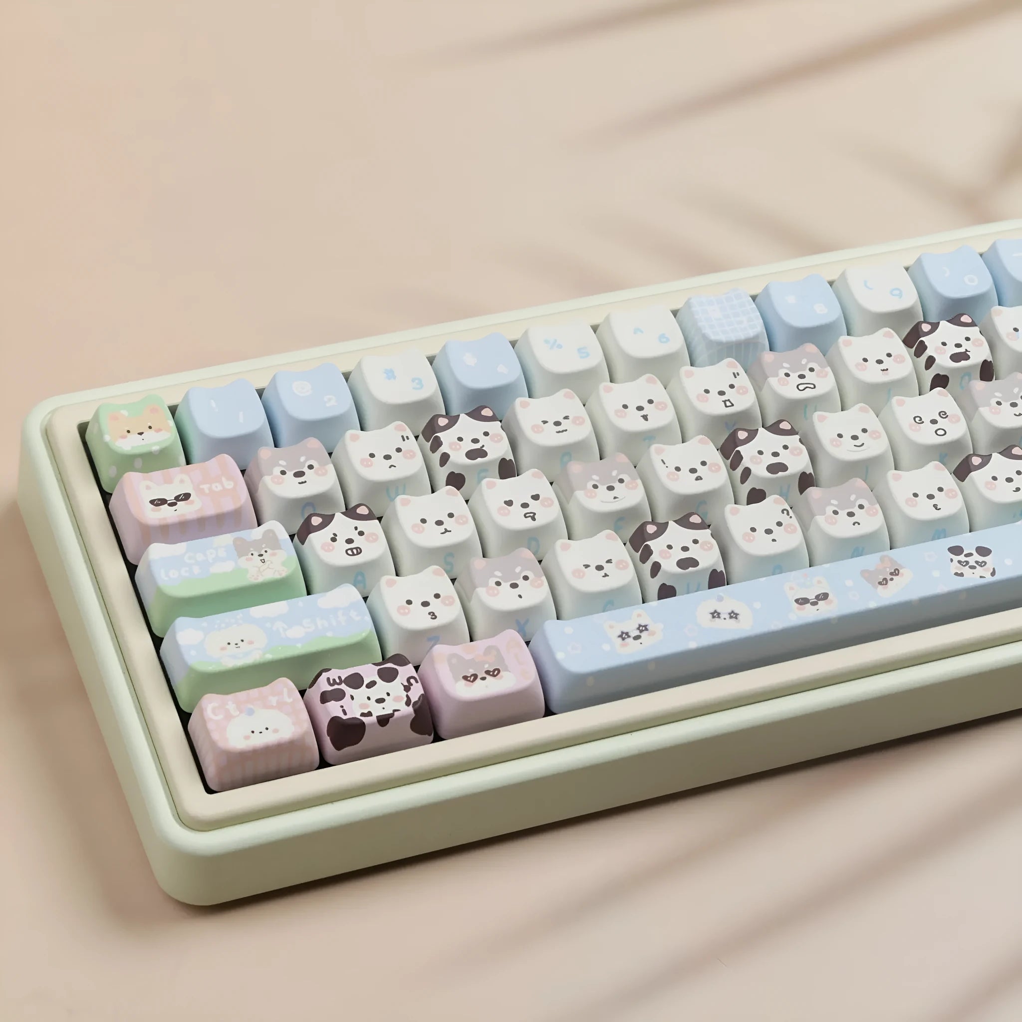 Full set of PBT key caps for mechanical keyboards with colourful cat and puppy sublimation designs.