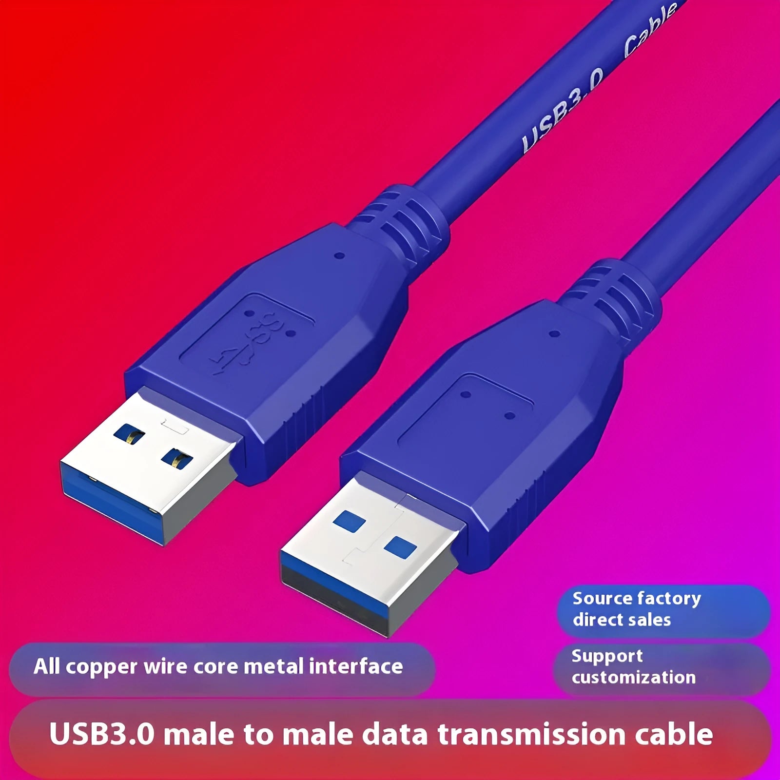 USB 3.0 Type A male to Type A male data cable for mobile hard drive boxes with nickel-plated connectors