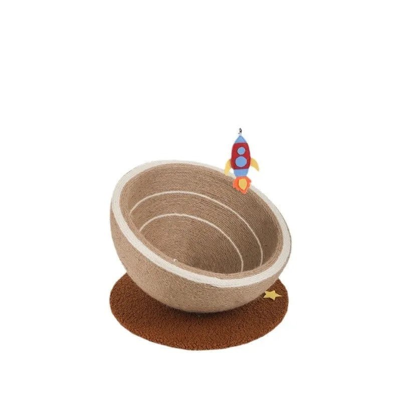 Large cat scratching board with integrated flannel-lined bed in starry sisal nest design