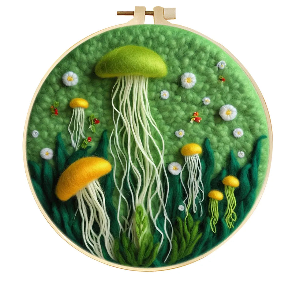 Round linen embroidery kit with wool felt materials for three-dimensional floral design