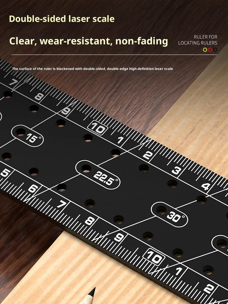Thick aluminium alloy lineation ruler with multi-angle positioning and scribing holes for woodworking