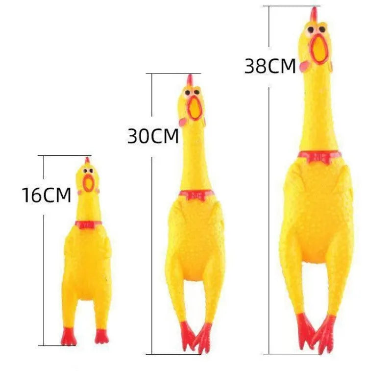 Yellow rubber Screaming Chicken squeaky dog chew toy shown in small, medium, and large sizes.