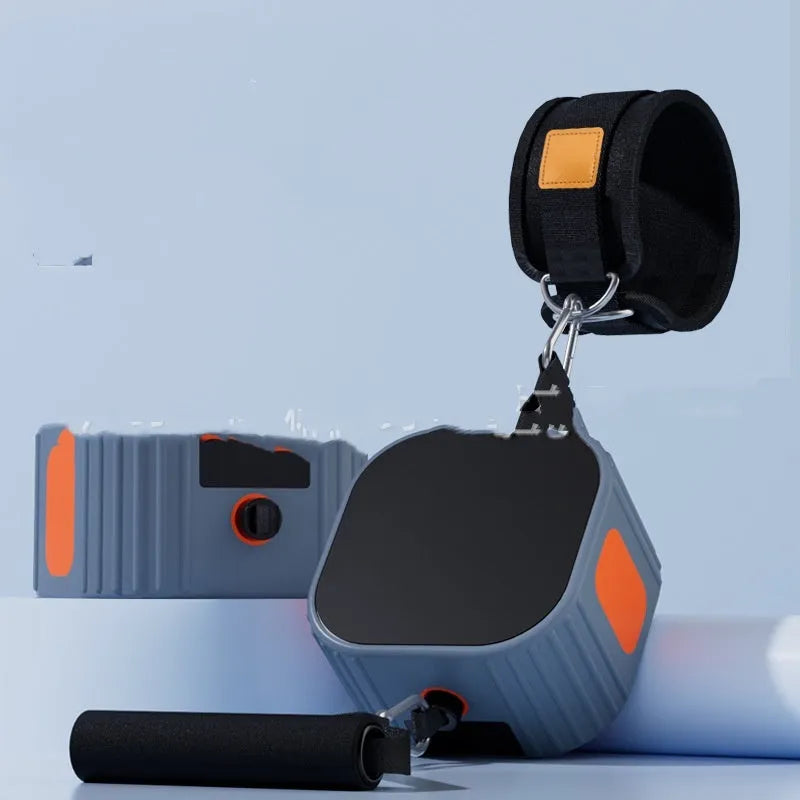Multifunctional fitness equipment with chest expander and rowing functions in blue-grey colour with resistance adjustment dial