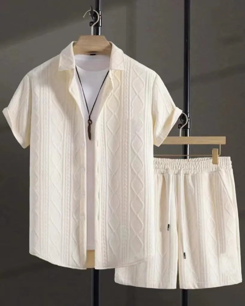 Men's jacquard short sleeve suit shorts set in chemical fibre blending fabric