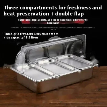 Stainless steel commercial dining plate display box with a removable lid and multiple inner compartments.